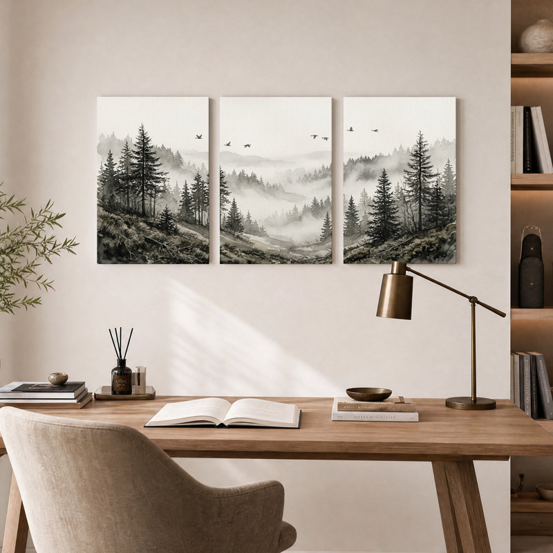 Ensemble de 3 toiles murales « Oiseaux volants au-dessus d'une forêt de pins brumeuse », 24"H x 16"W x 3pcs