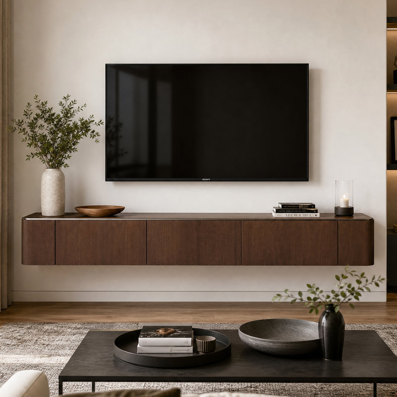 Meuble télé suspendu de 70,9 pouces, console multimédia murale avec portes d'armoire rabattables, centre de divertissement suspendu moderne et minimaliste en placage de bois avec passe-câbles pour téléviseurs jusqu'à 75 pouces.