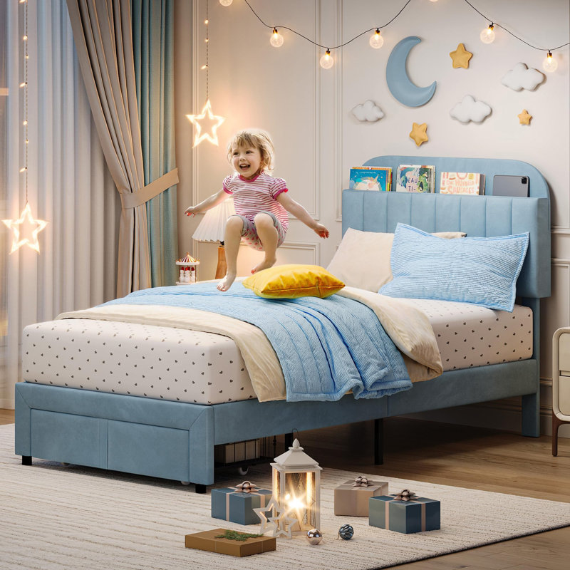 Cadre de lit simple avec tête de lit bibliothèque et tiroir de rangement, lit plateforme tapissier en velours douillet pour enfants