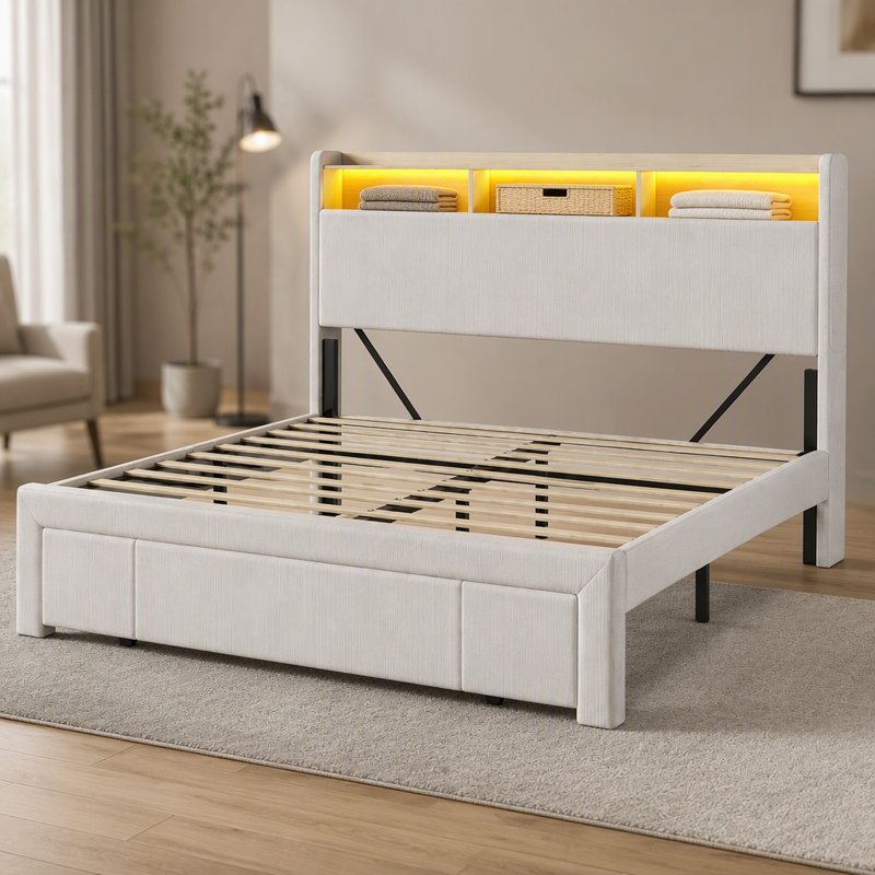 Lit rembourré avec tiroirs, tête de lit avec station de charge et lumières DEL, Grand lit, Beige