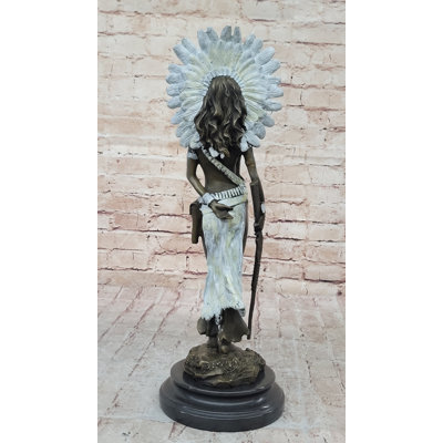 Native American Warrior Girl In Feathered Headdress Bronze Statue Signed Original 18 Inches X 6 Inches