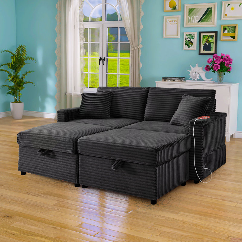 68" Comfortable Corduroy Lazy Sofa,Large-sized loveseat with an extra-soft chaise lounge,Ottoman with storage space, comes with a small table board,Suitable for combined living-bedroom spaces (or open-plan living areas)