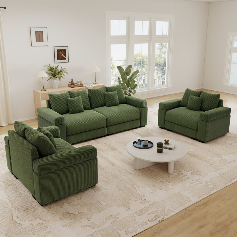 Ensemble de salon modulaire 4 pièces, canapé d'angle moderne en velours côtelé avec causeuse et fauteuil, Vert