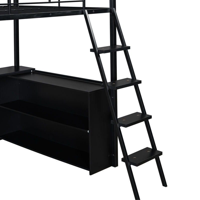 Lit mezzanine double en métal avec options de rangement à DEL, de bureau et utilitaires - caractéristique à DEL noire, 4 niveaux