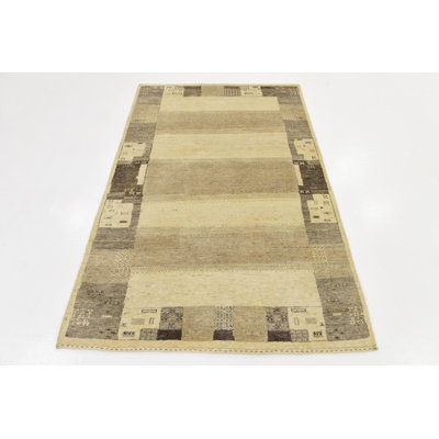 Tapis en laine brun/crème 4 pi x 6 po à la main one-of-kind noué la Didcot