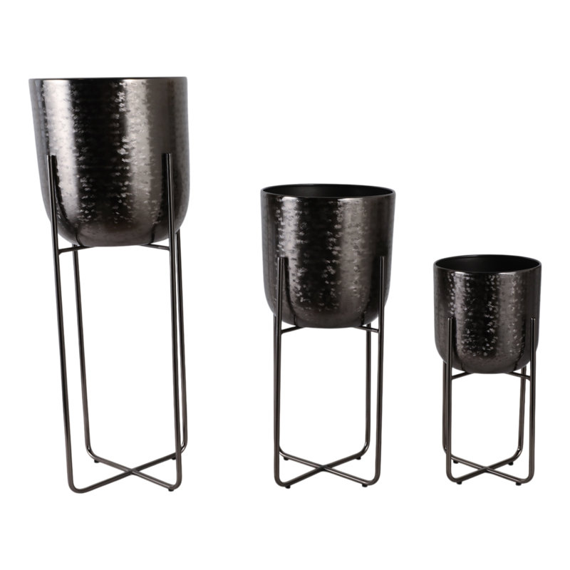 Metal Iron Planter Set With Textured Hammered Design And Modern Geometric Stands, Decorative Accent For Indoor Or Outdoor Display, Set Of 3