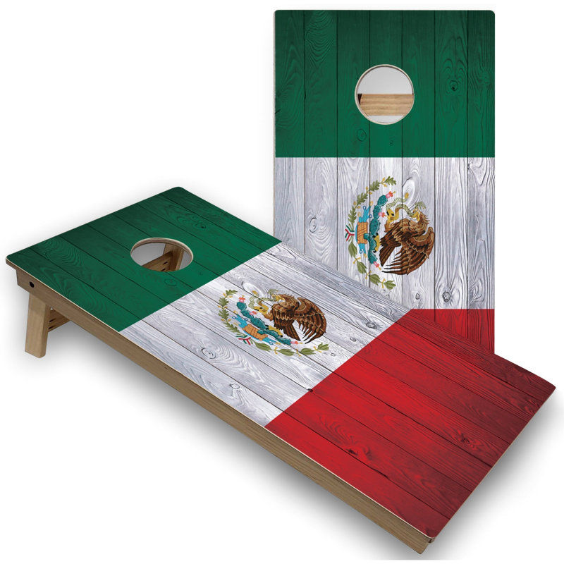 Ensemble de cornhole toutes saisons avec drapeau du Mexique | Comprend (2) planches (8) sacs et accessoires optionnels