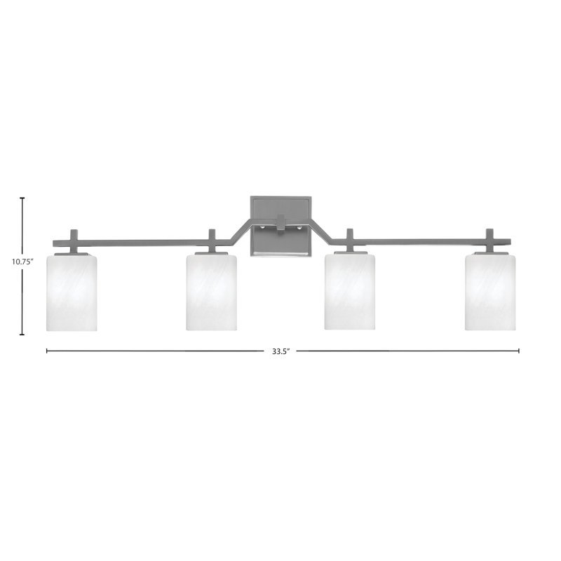 Headland Bath Bar Shown With 4" White Marble Glass, 10.75" H x 33.5" W x 5.25" D, 4 Lights, Nickel