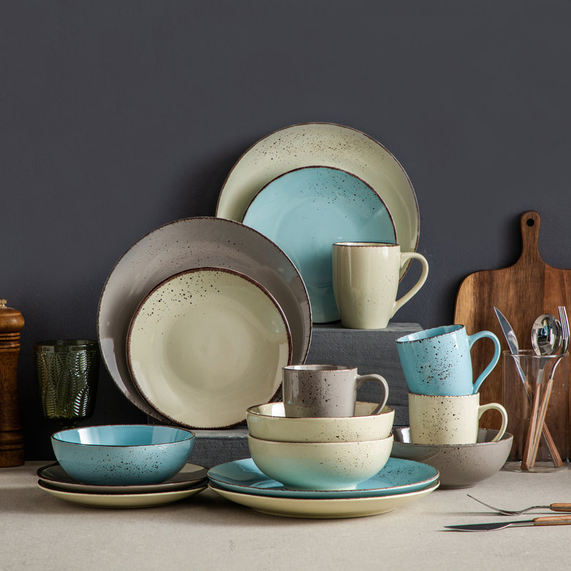 Service de table 16 pièces pour 4 personnes, assiettes en céramique, bols et tasses à céréales, prêt pour les mariages et les fêtes