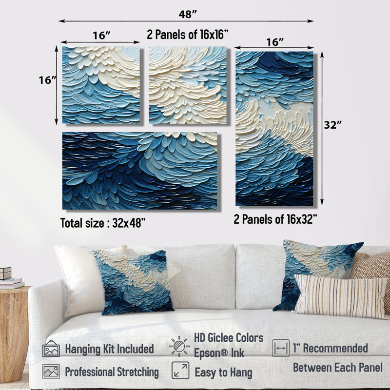 Vagues modernes bleues et blanches de la côte III - impressions sur toile 4 pièces, Impression encadrée sans passe-partout