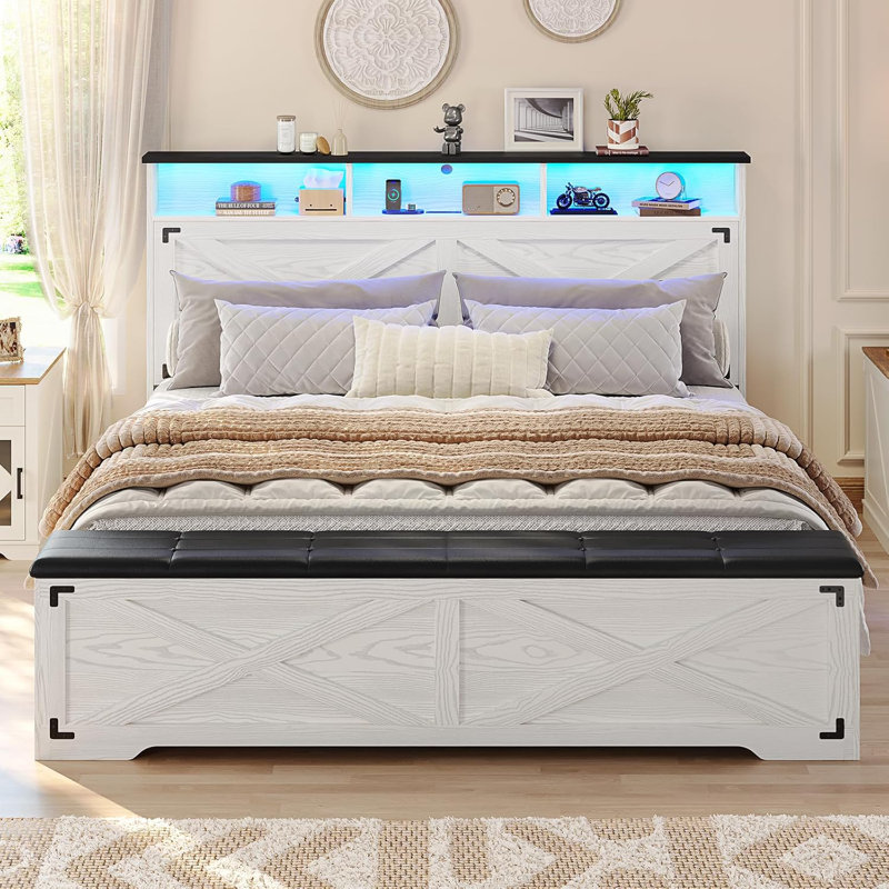 Bed Frame With Storage Headboard And Ottoman Farmhouse Platform Bed Frame With Led Lights,Charging Station And Storage Bench,Metal Slats,No Box Spring Needed