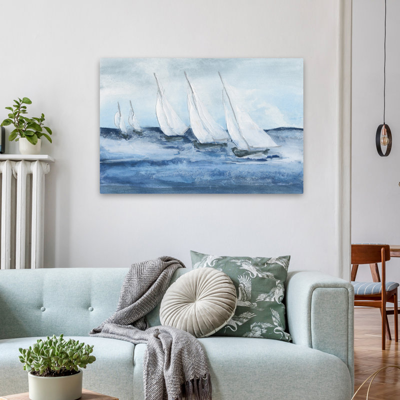 Groupe de voile IV côtier; Nautique bleu gris blanc bateau nuage, H 36 po x l 24 po
