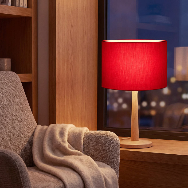 Lampe de table dimmable de style Mid-Century de 41,4 cm (16,3 po) avec abat-jour tambour en soie thaïlandaise rouge, base en bois d'hévéa naturel et douille E26, certifiée cULus pour les tables de chevet de chambre, les tables d'appoint de salon ou les bureaux à domicile.