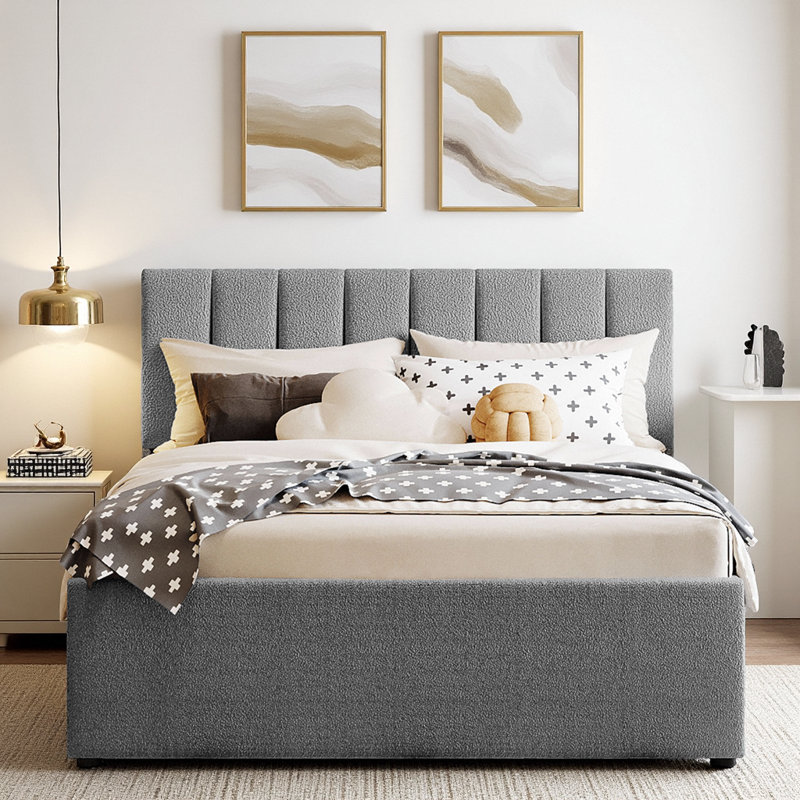 Lit plateforme tapissier classique avec gigogne et éclairage DEL Smart Teddy, Lit double, Gris