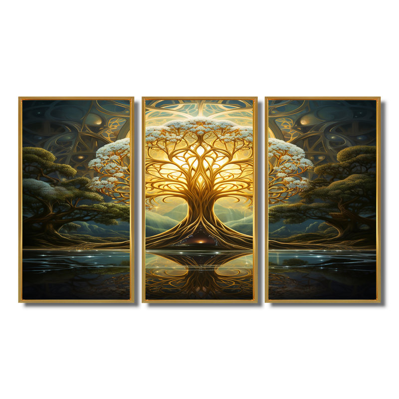 «Magical Tree of Life Full Moon Magic», ensemble de reproductions d'art murales en chêne, Cadre flottant doré