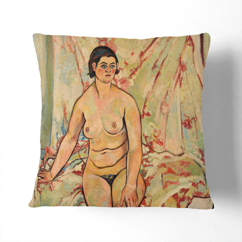 Nude Sitting On The Bed Square Throw Cushion, 55cm H x 55cm W x 20cm D, Stone