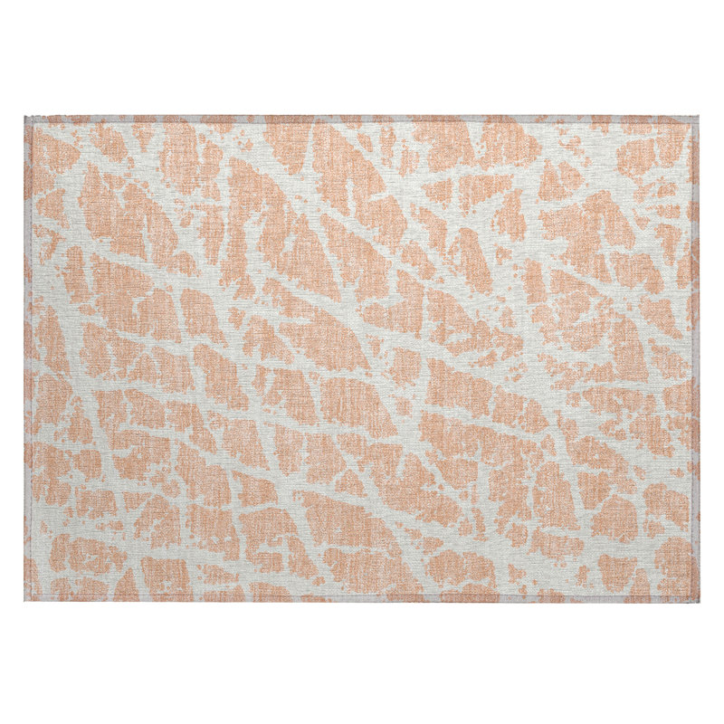 2' X 3' Peach and Ivory Abstract Washable Non Skid Indoor Outdoor Area Rug