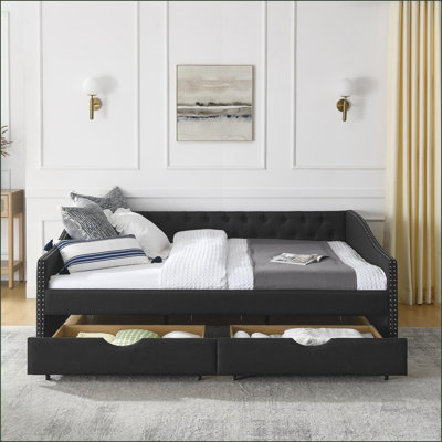 Sofa Beds Queen Size Mid-Century Tufted with Storage Drawers, Eucalyptus Wood | Linen | Charcoal Gray