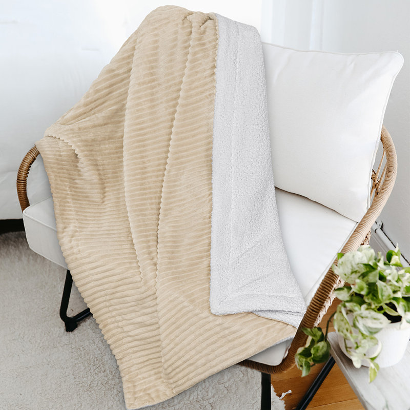 Cream Beige Reversible Sherpa Fleece Throw Blanket
