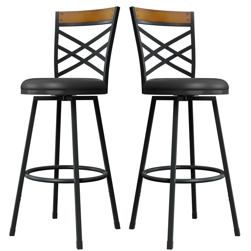 Rustic Wood & Metal Bar Stools – Adjustable Height & 360° Swivel, Ergonomic Backrest For Kitchen/dining Room(set Of 2), Black
