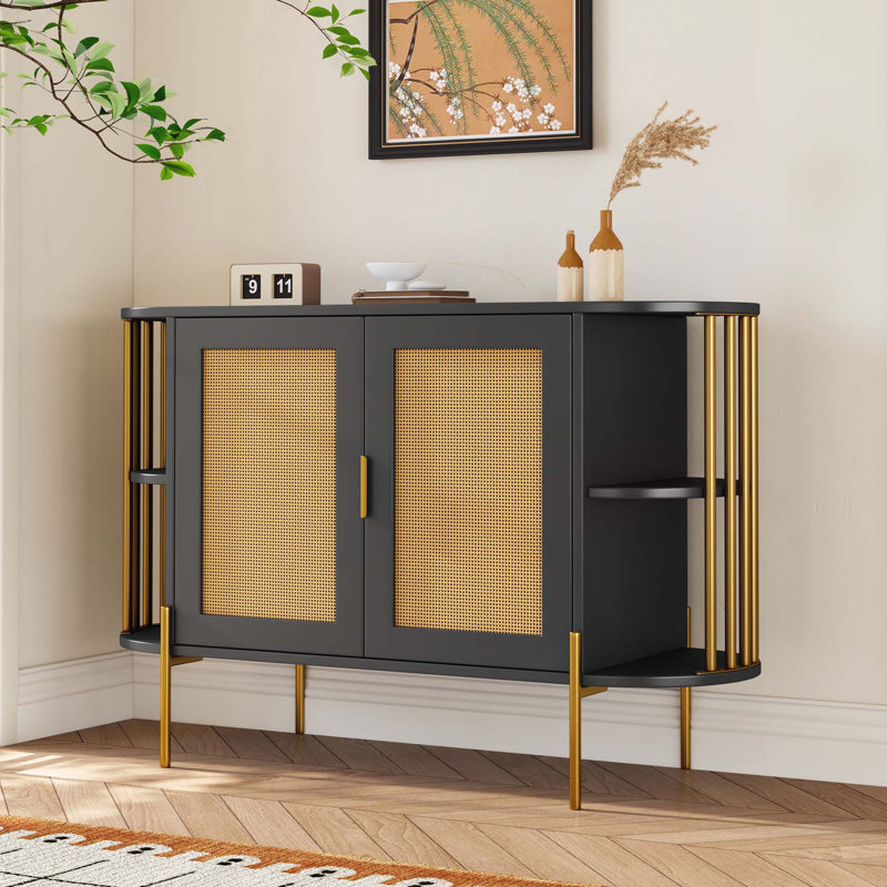 2-Door Elegant Curved Dining Cabinet For Dining Room, Black/Gold