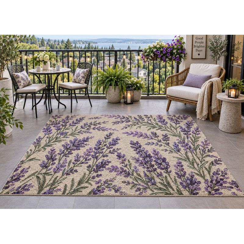 Tapis d'extérieur 152 x 213 cm (5' x 7') à motif floral botanique lavande, épais, imperméable, en PVC bouclé, résistant et à séchage rapide, idéal pour terrasse, balcon, entrée, VR ou autre espace de vie.