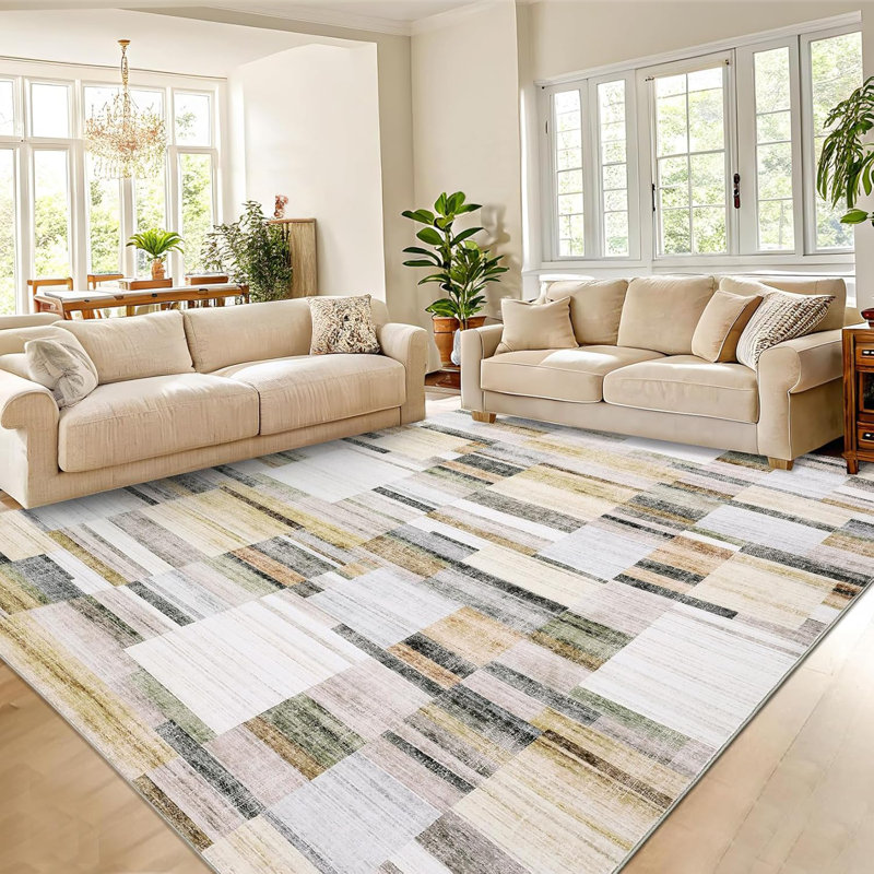 8x10 Washable Geometric Patchwork Rug, Non-Slip, Low Pile, Modern Farmhouse Carpet for Bedroom or Dining Room, Red