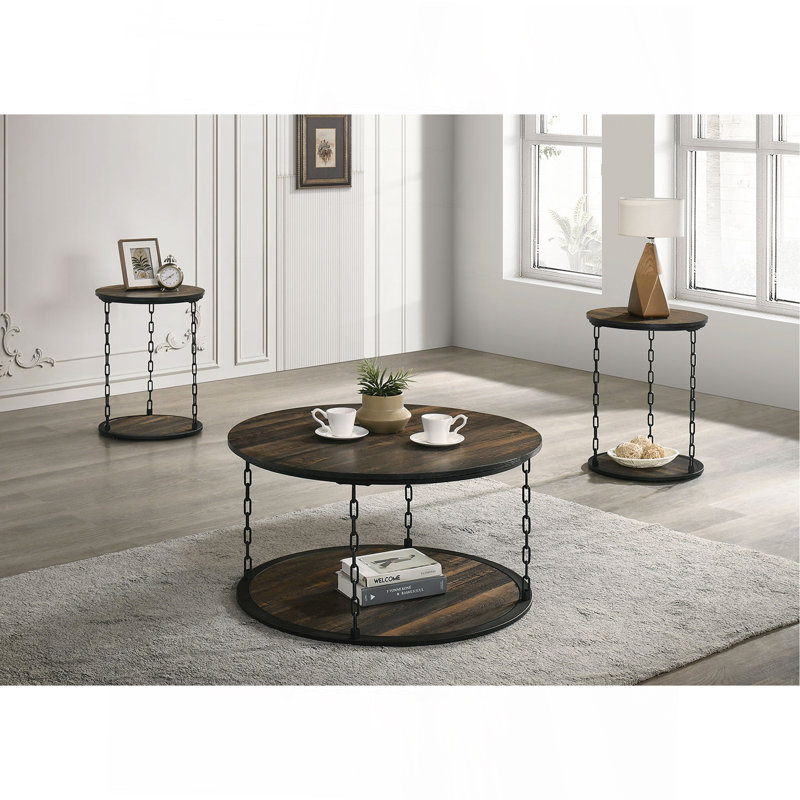 Ensemble de table rustique de style rustique 3 pièces 1 table basse 2 tables de bout décoratives à deux niveaux avec rangement brun foncé