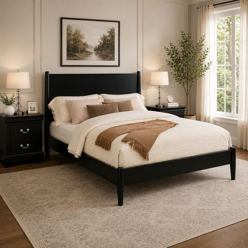 Ensemble de chambre avec très grand lit californien en bois noir, ensemble de 3 pièces avec 2 tables de chevet