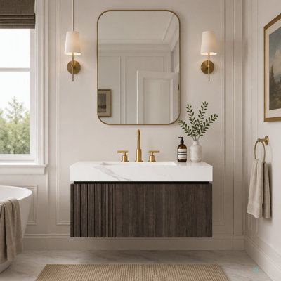 Meuble-lavabo 36 po, armoire de rangement en contreplaqué flottant avec tiroir et porte, comptoir en pierre frittée et lavabo en céramique avec 3 trous de robinet pré-percés, pré-assemblé