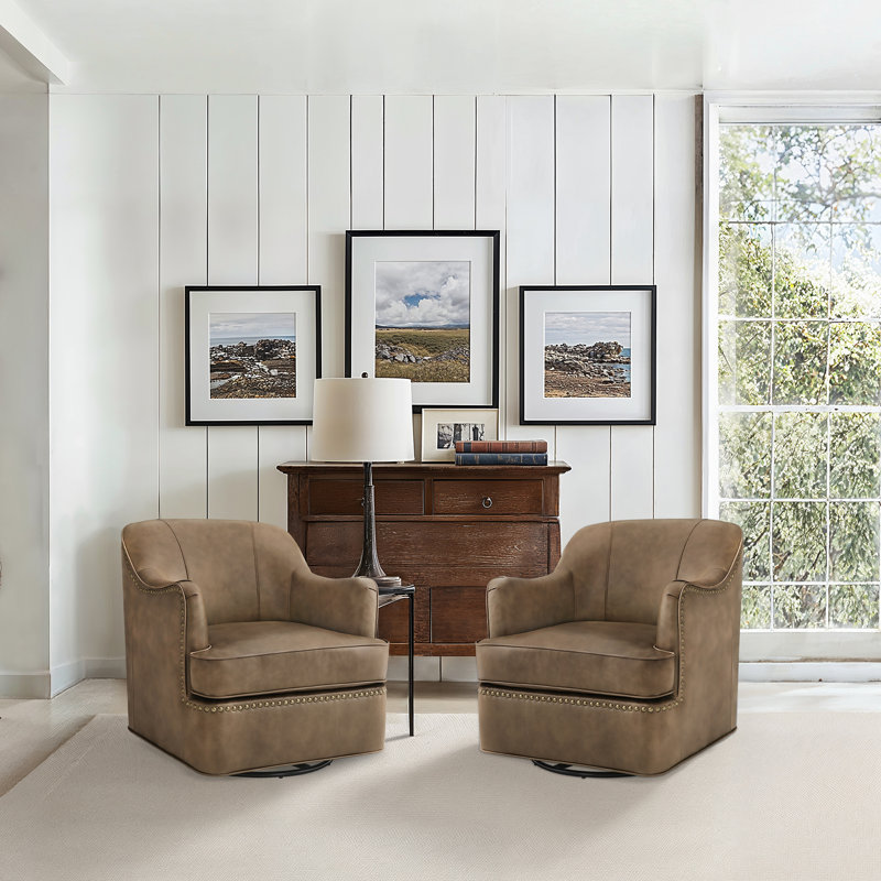 Genuine Leather Swivel Barrel Chairs, Grayish Brown