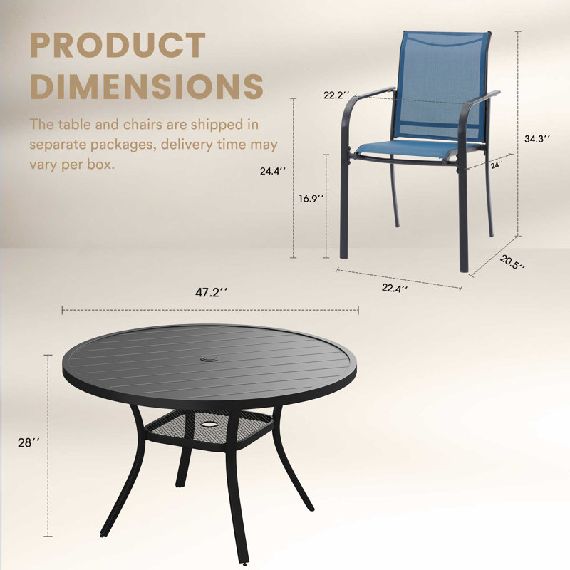 Ensemble repas d'extérieur pour 6 personnes avec chaises empilables, Noir / bleu foncé
