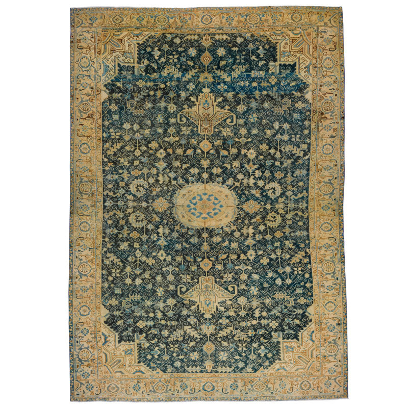 Tapis unique en laine bleu / beige 9 pi 2 po x 13 pi années 1990