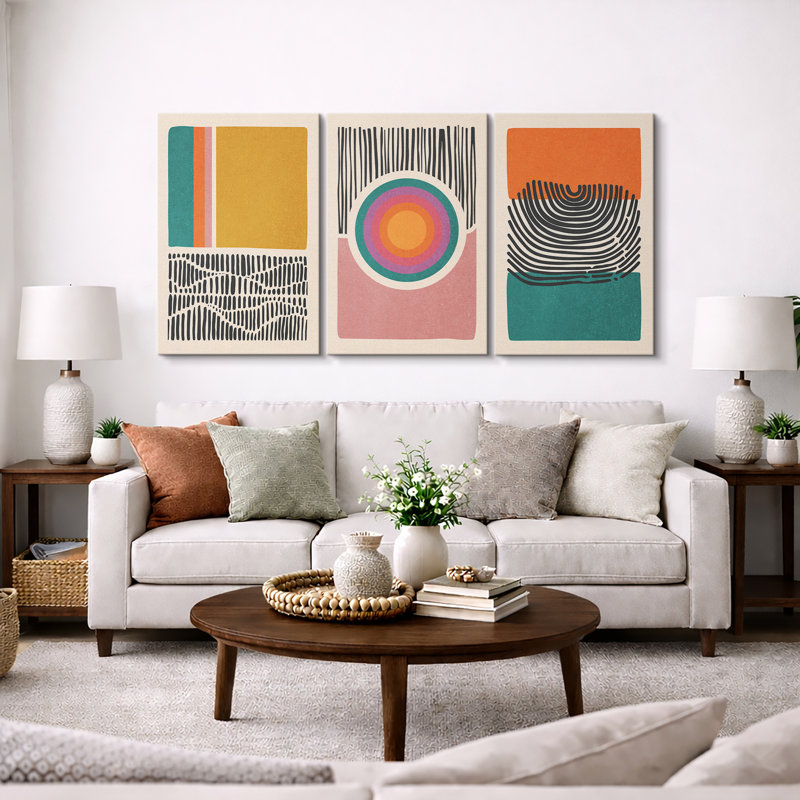 «Abstract Vibrant Color Blocks Mid-Century Multicolor Color Block Shape Abstract Geometric», ensemble de 3 impressions sur toile flottante