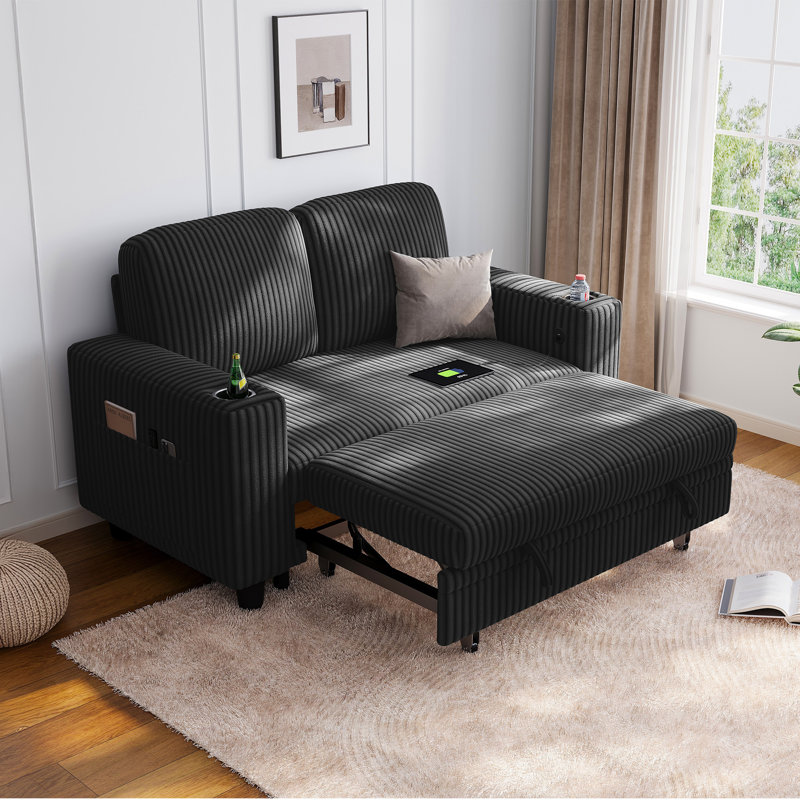  Sherry 56" Upholstered Pull-out Sofa Bed Loveseat with USB Charging & Cup Holders, Effie Black Corduroy