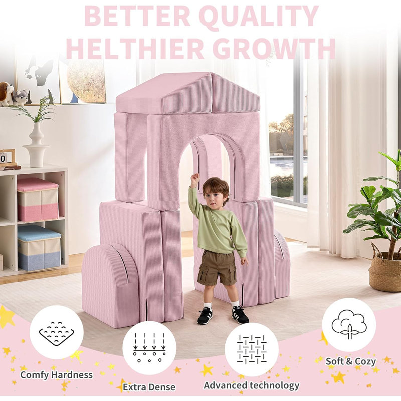Kids and Toddler Play Couch, Convertible Folding Sofa, Modular Kids Couch for Playroom, Pink