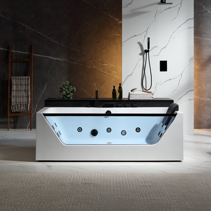 71 In. Whirlpool Bathtub Rectangular Hydrotherapy Jetted Spa Bath Tub With Center Drain - Black Tub Filler In White