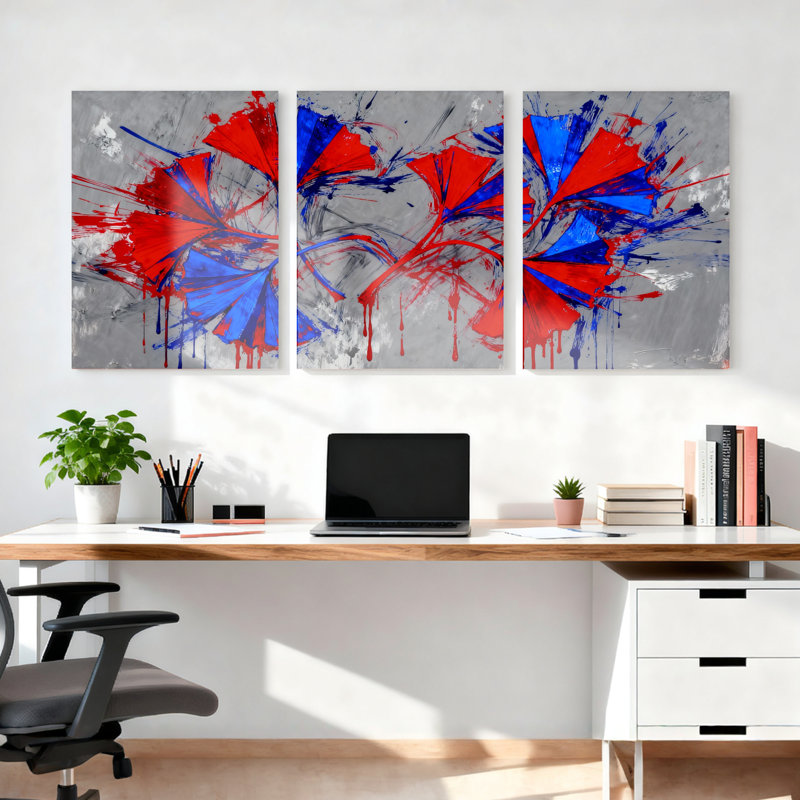 Tableau abstrait à motifs d'éclaboussures rouges, bleues et grises (paquet de 3), 30" H x 60" W