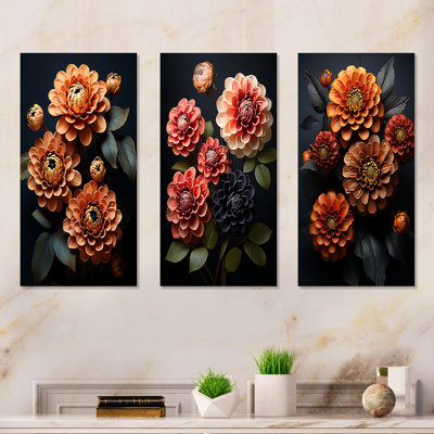 Zinnias Emerge From The Shadows - Zinnias Metal Wall Art Living Room Set Of 3