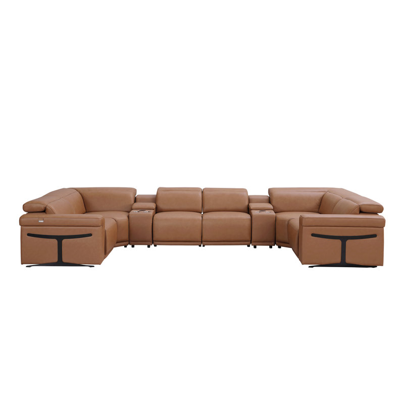 Stanwinn 8 – Piece 2 Power Reclining Top Grain Italian Leather Sectional with Power Headrest, Cognac Genuine Leather