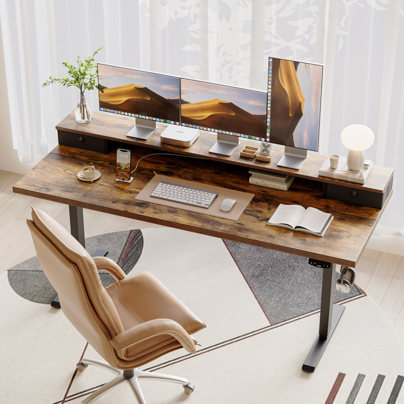 Bureau debout électrique à hauteur réglable de 63 po avec tiroirs, bureau à domicile avec grande tablette pour moniteur