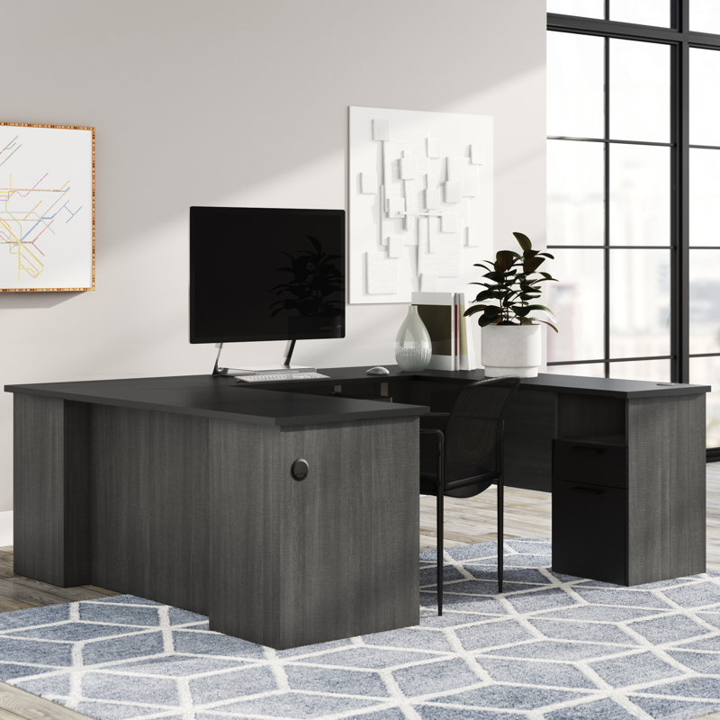 Ocke U-Shaped Executive Desk with Power Outlet, Black/Bark Gray