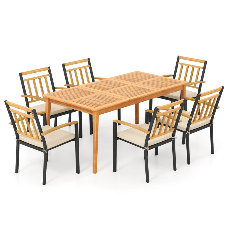 Ensemble de 7 ensembles de salle à manger de patio en bois d'acacia avec coussins de siège moelleux pour l'extérieur