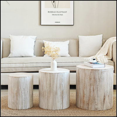 Set of 3, Rounded Wood Coffee Tables, End Tables, Plant Stands, Decorative Accent Pieces with Rustic Tree Trunk Design and Whitewashed Finish