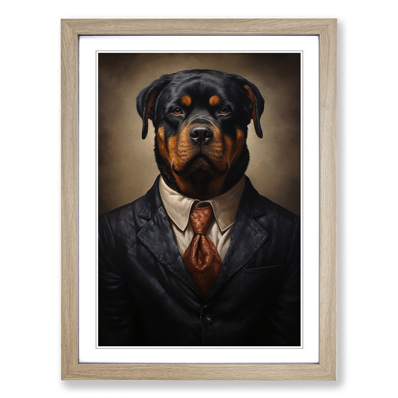 Rottweiler in a Suit Painting - Framed Print, 34cm H x 25cm W, Oak Framed