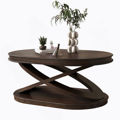 44 Inch Wood Oval Coffee Table With X-Shaped Base, Open Storage, And Durable Design For Living Room And Home Office