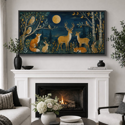 «Woodland Animals Under Moonlight Forest Scene With Deer Fox Owl and Rabbit Nature Decor Extra Large», reproduction d'art sur toile encadrée
