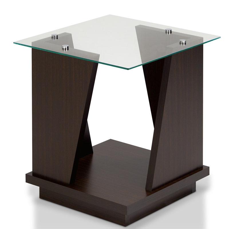 Glass Top Floor Shelf End Table, Walnut