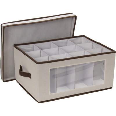 Wine Glass Storage Box in Strong Frame, Handles, Windowed Panel and 12 Compartments, Cream with Brown Trim