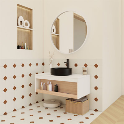 Meuble-lavabo flottant 36 po avec lavabo vasque rond noir mat, meuble-lavabo mural avec tablette de rangement ouverte avec comptoir durable, conception moderne peu encombrante